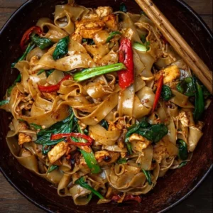 Plate of delicious drunken noodles with vegetables and spices