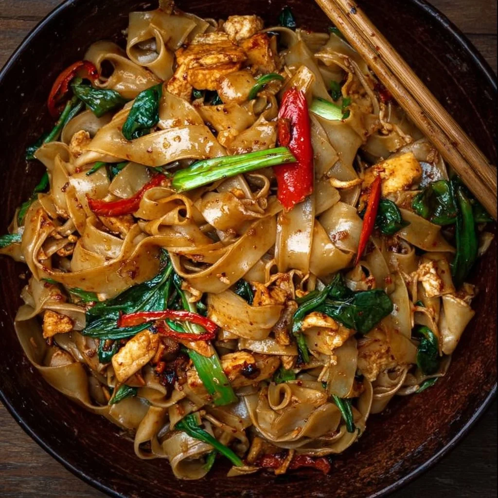 Plate of delicious drunken noodles with vegetables and spices