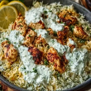 Delicious Dump and Bake Chicken Tzatziki Rice dish served in a bowl.