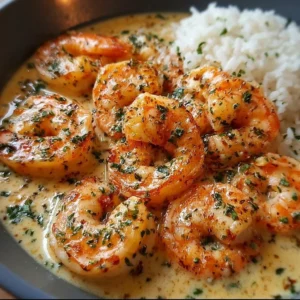 Plate of easy creamy garlic shrimp garnished with herbs and served with pasta
