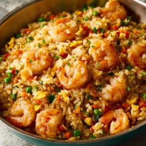 Delicious easy shrimp fried rice served in a bowl with vegetables and shrimp.