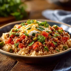 Delicious easy taco rice bowl topped with fresh ingredients and served in a bowl.