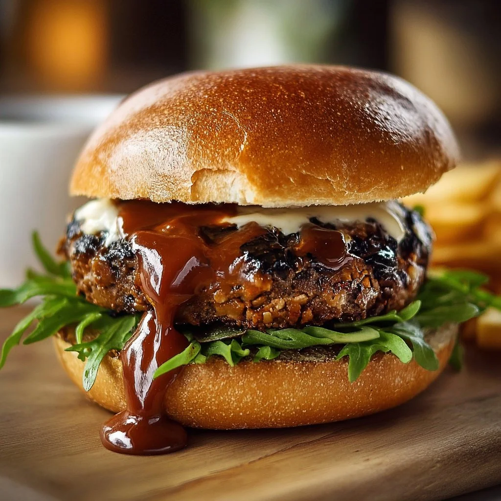 Delicious epic black bean burger served with fresh toppings and a side of fries