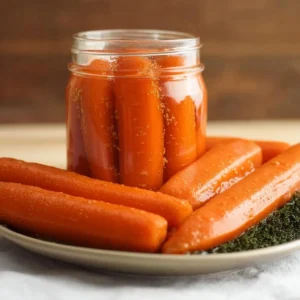 A jar of homemade fermented carrots showcasing vibrant orange color and spices