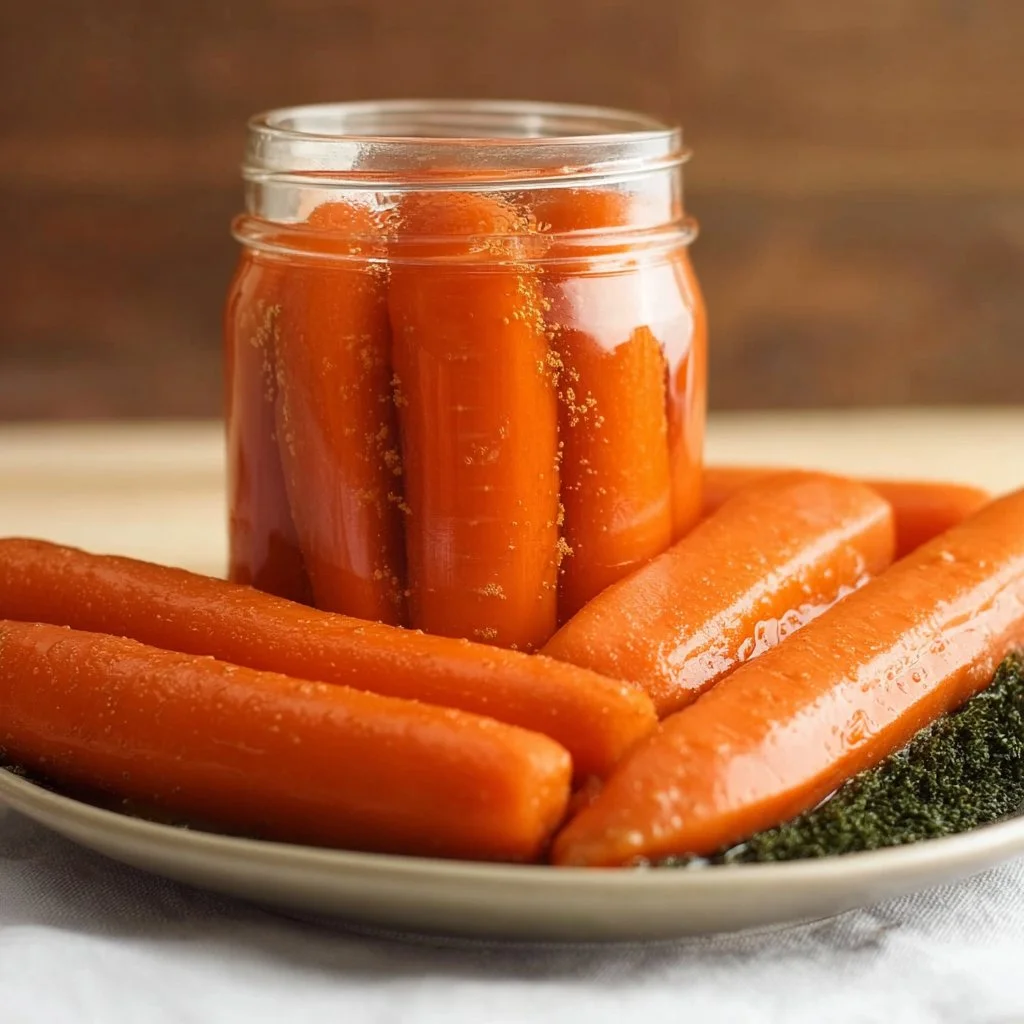 A jar of homemade fermented carrots showcasing vibrant orange color and spices