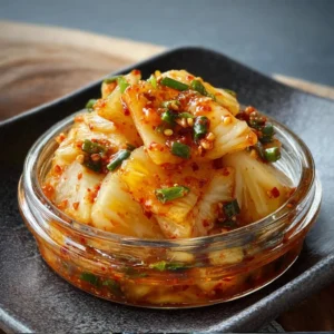 Fermented pineapple kimchi in a glass jar with spices and fresh ingredients