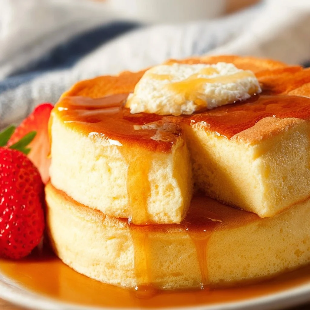 Fluffy Japanese soufflé pancakes stacked on a plate with syrup and berries