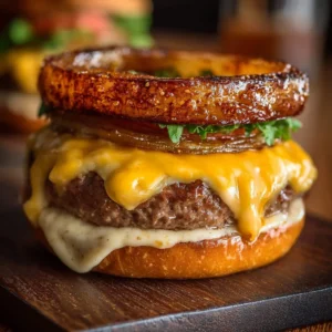 Flying Dutchman Burger with cheese, no bun, juicy beef patties on wooden table