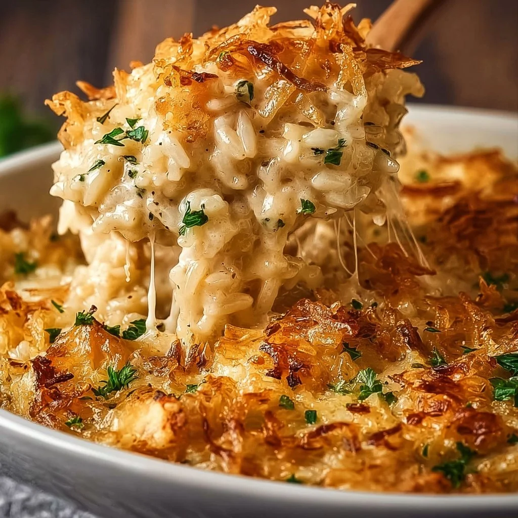 Delicious French Onion Chicken Rice Bake topped with melted cheese