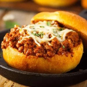 A mouthwatering plate of Garlic Bread Sloppy Joes with melted cheese and herbs.