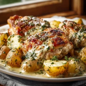 Delicious Garlic Parmesan Chicken served with golden roasted potatoes