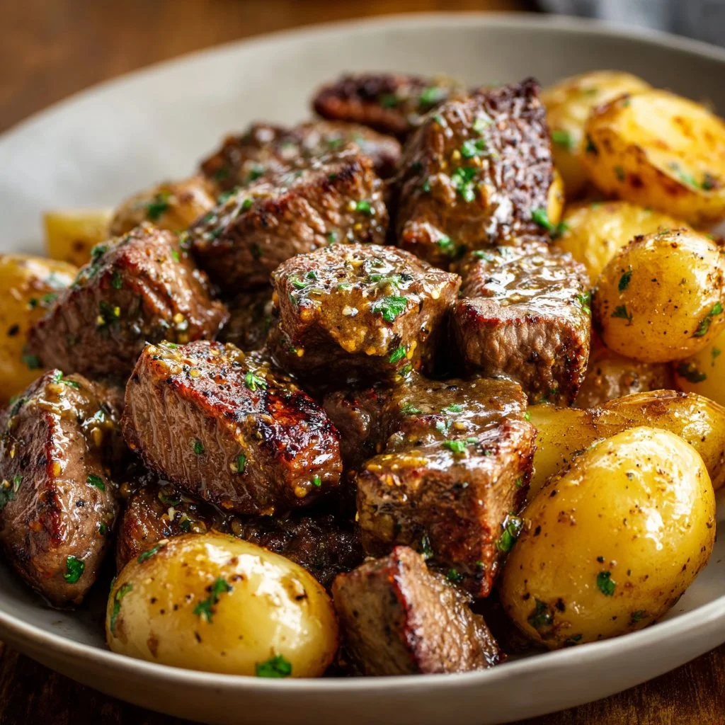 Delicious Garlic Steak Bites served with roasted potatoes on a plate