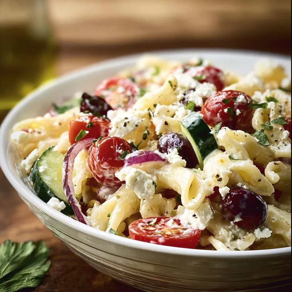 Delicious Greek Pasta Salad with feta cheese and fresh vegetables
