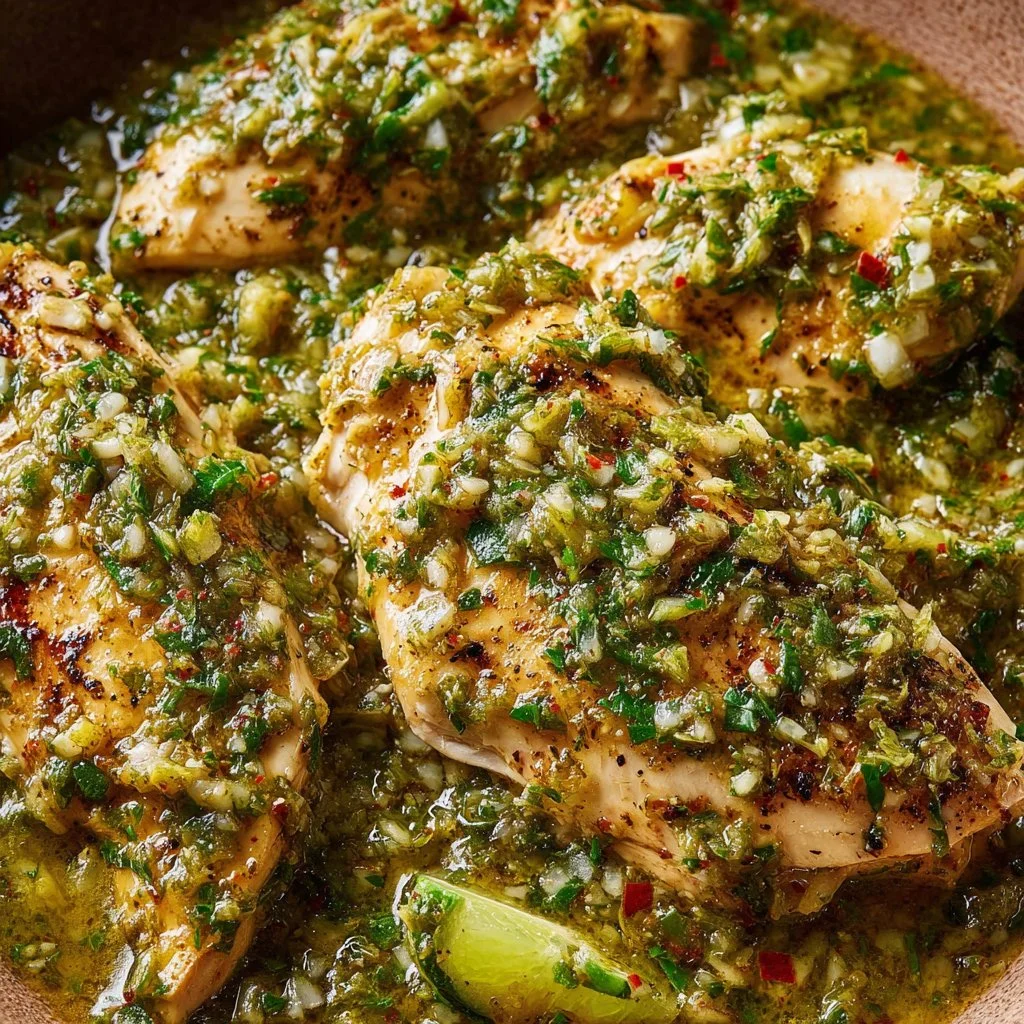 Plate of green sauce chicken garnished with fresh herbs