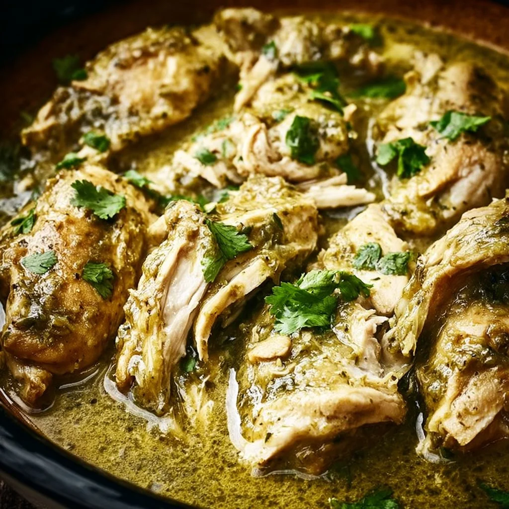 Delicious Green Sauce Slow Cooker Chicken served with fresh herbs