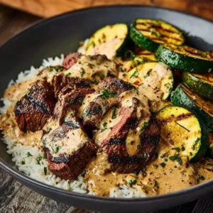 Delicious grilled steak bowl with fresh vegetables and flavorful sauce.