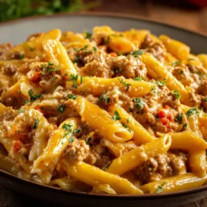 A delicious bowl of ground turkey pasta with vegetables and herbs