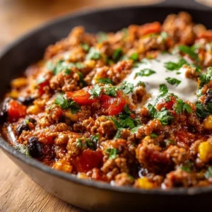 Delicious ground turkey taco skillet served in a cast iron pan with toppings