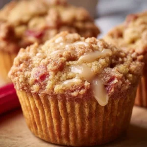 Healthy rhubarb muffins fresh out of the oven, garnished with rhubarb slices.