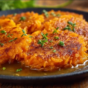 Plated healthy sweet potato hash browns with herbs and spices