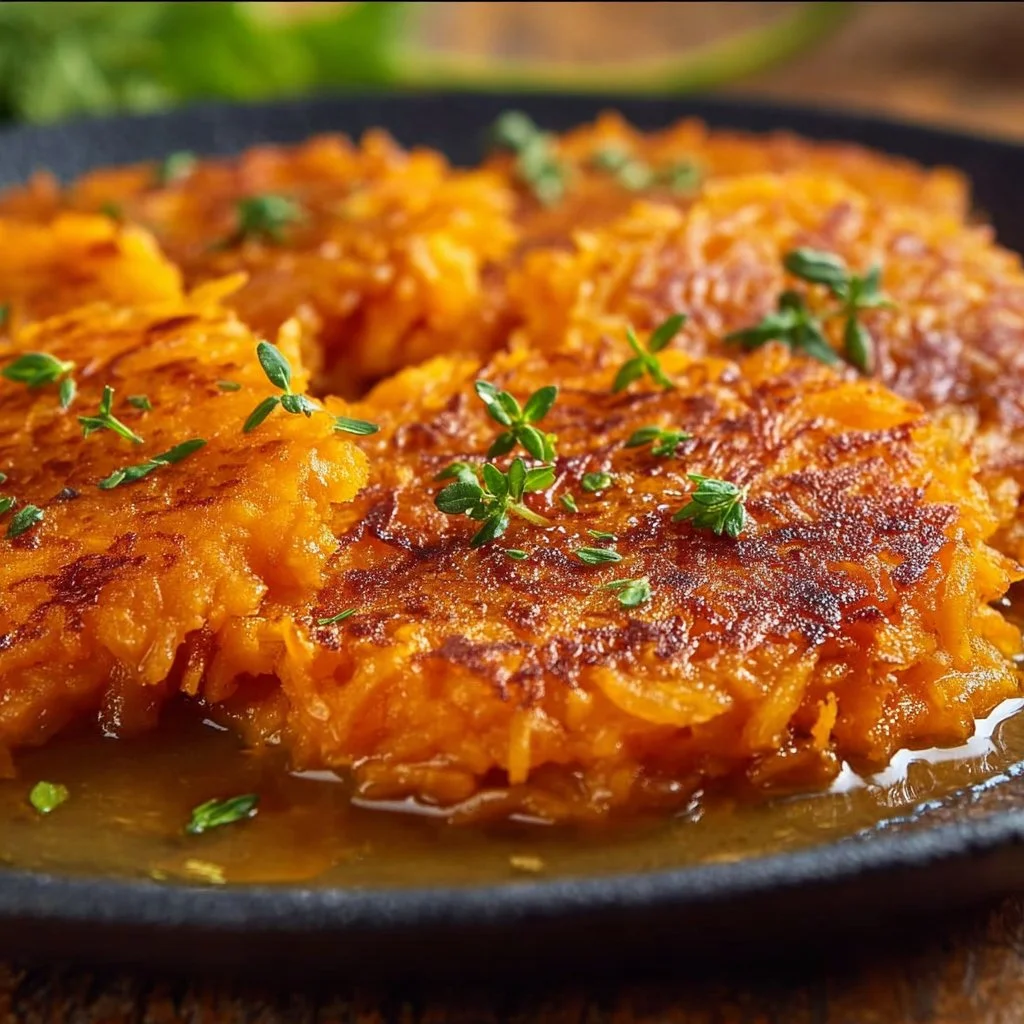 Plated healthy sweet potato hash browns with herbs and spices
