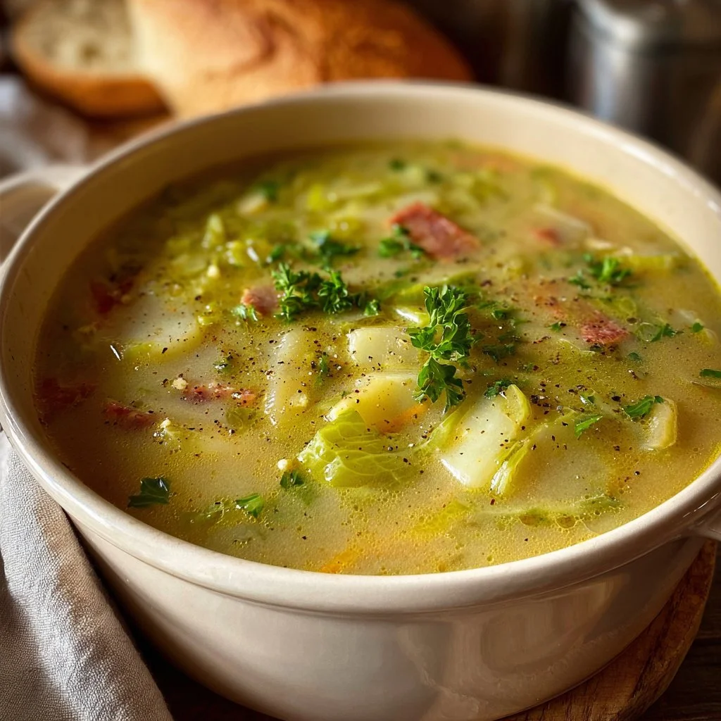 Bowl of hearty Irish soup with vegetables and herbs garnished