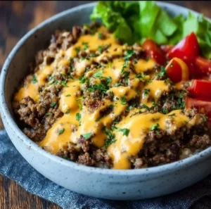 High-protein cheeseburger bowls with fresh ingredients and toppings served in a bowl