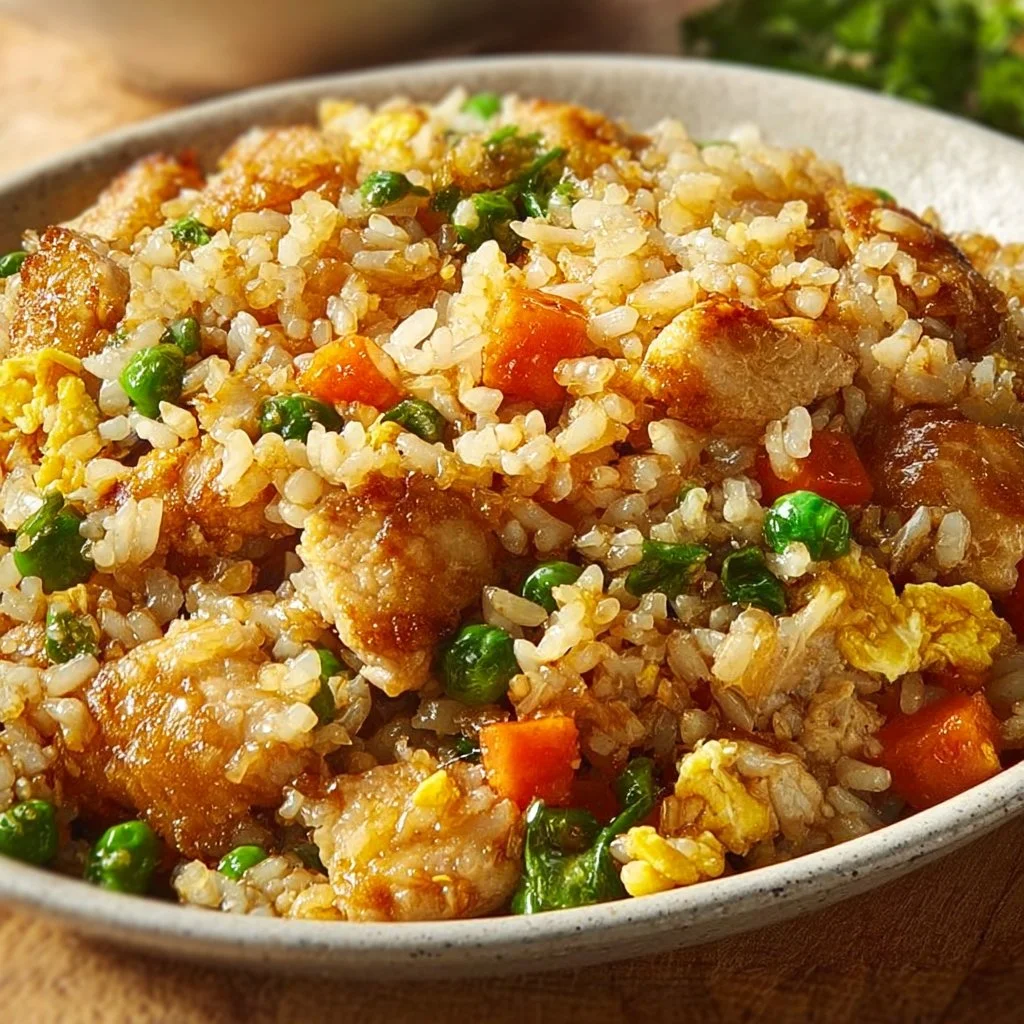High Protein Crispy Garlic Chicken Fried Rice topped with crispy garlic