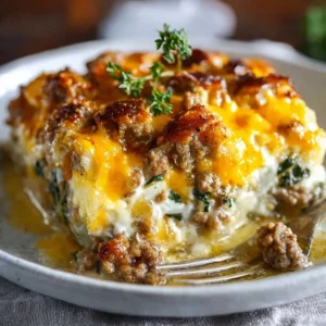 High protein ground turkey casserole served in a baking dish
