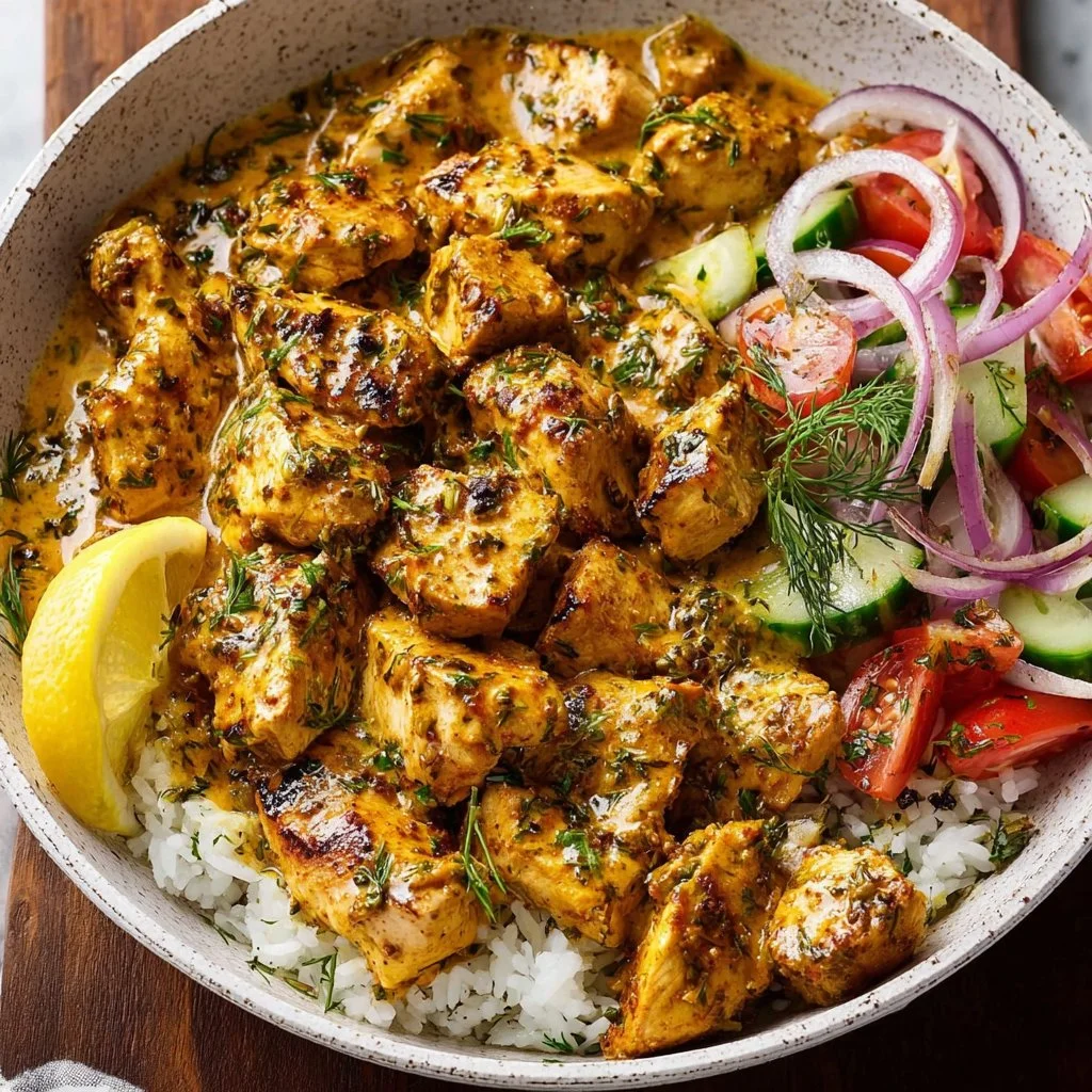 High protein Mediterranean chicken bowl with lemon and dill garnish