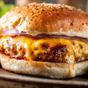 Delicious homemade hamburgers served on a wooden plate