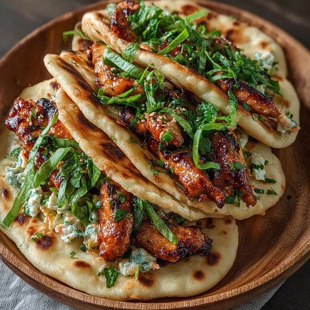 Honey Garlic Naan Chicken Tacos served on a plate
