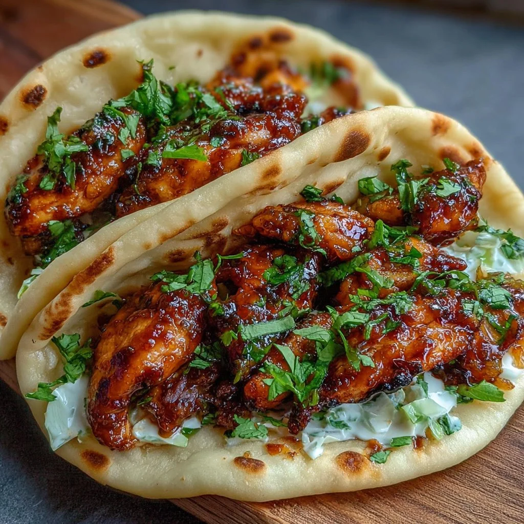 Delicious Honey Garlic Naan Chicken Tacos served with fresh toppings