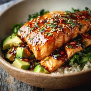 Honey glazed salmon bowl with fresh vegetables and rice