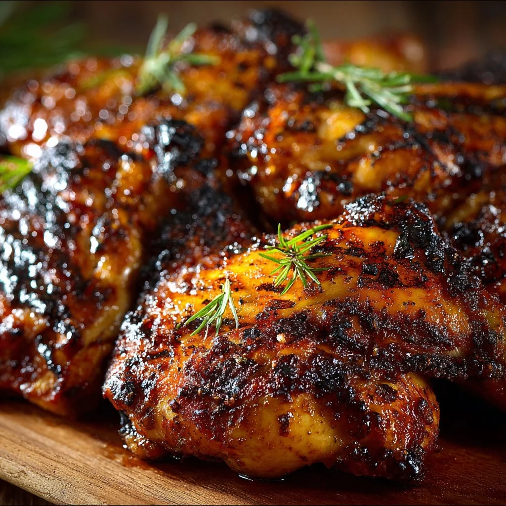 Grilled Huli Huli Chicken served on a plate with garnishes and dipping sauce