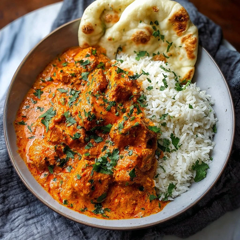 Delicious plate of Indian butter chicken with aromatic spices and creamy sauce