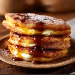Delicious Spanish churro pancakes served with chocolate sauce and cinnamon sugar.