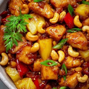 Juicy chicken pineapple stir-fry with cashews, colorful and delicious