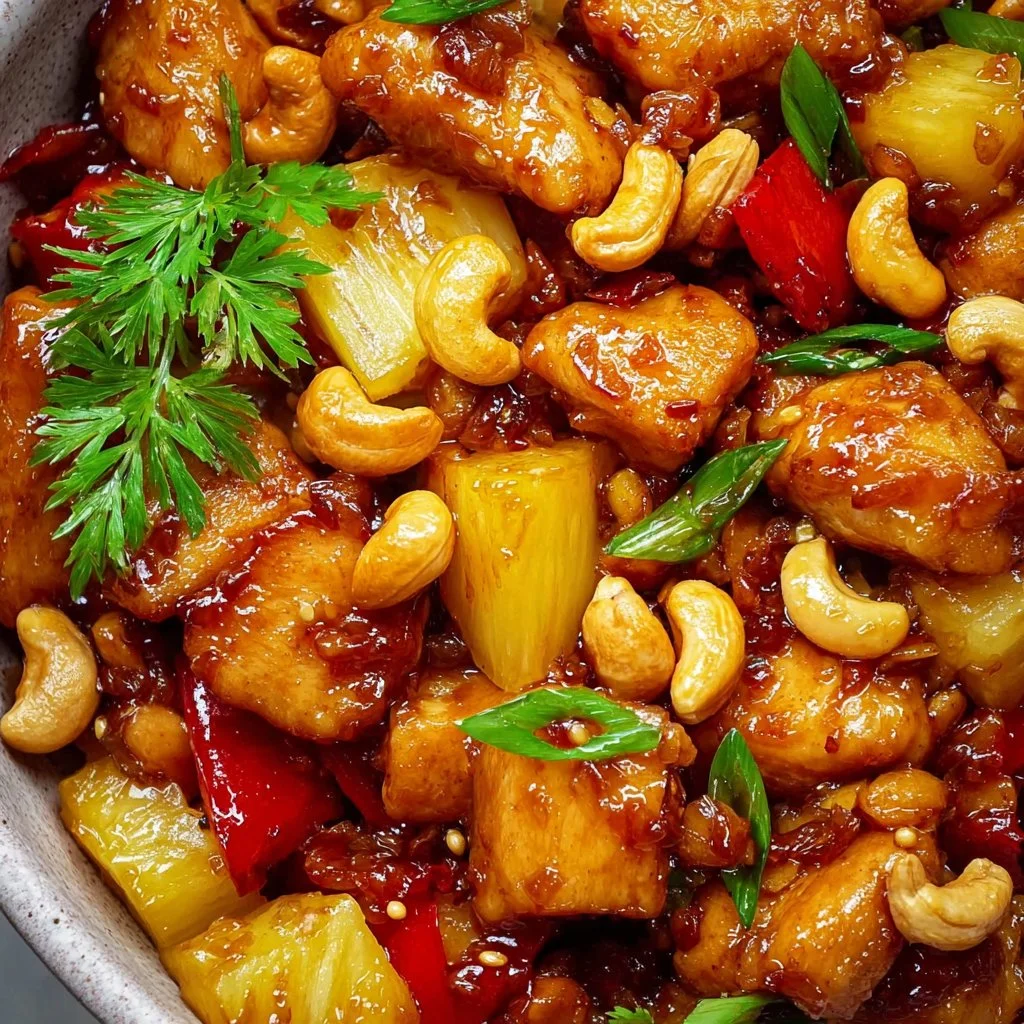 Juicy chicken pineapple stir-fry with cashews, colorful and delicious