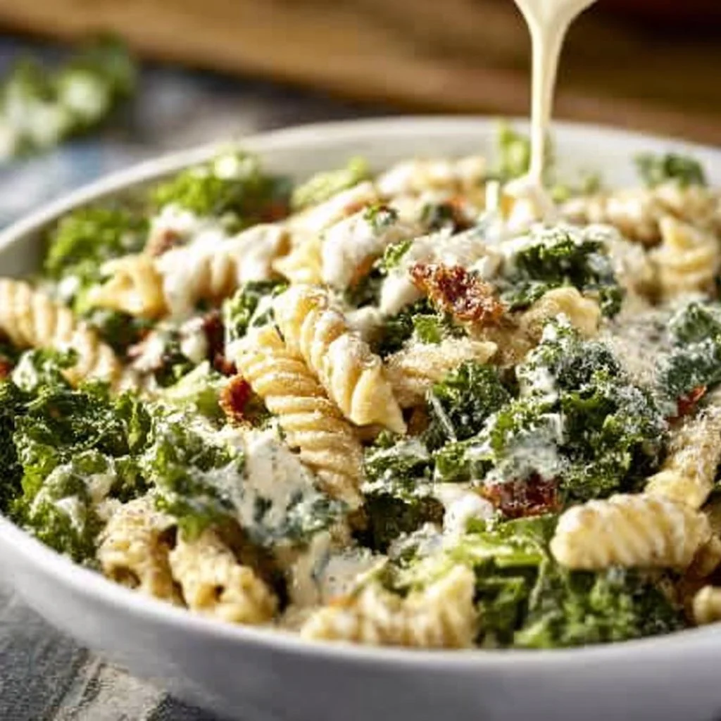 Kale Caesar Pasta Salad with fresh ingredients and Caesar dressing