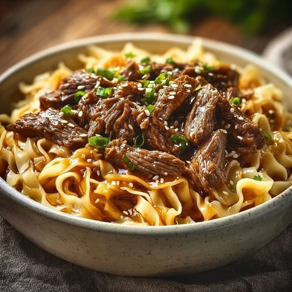 A bowl of Korean beef noodles garnished with green onions and sesame seeds