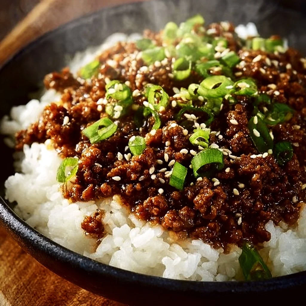 Korean Ground Beef Bowl garnished with vegetables and sesame seeds in a bowl