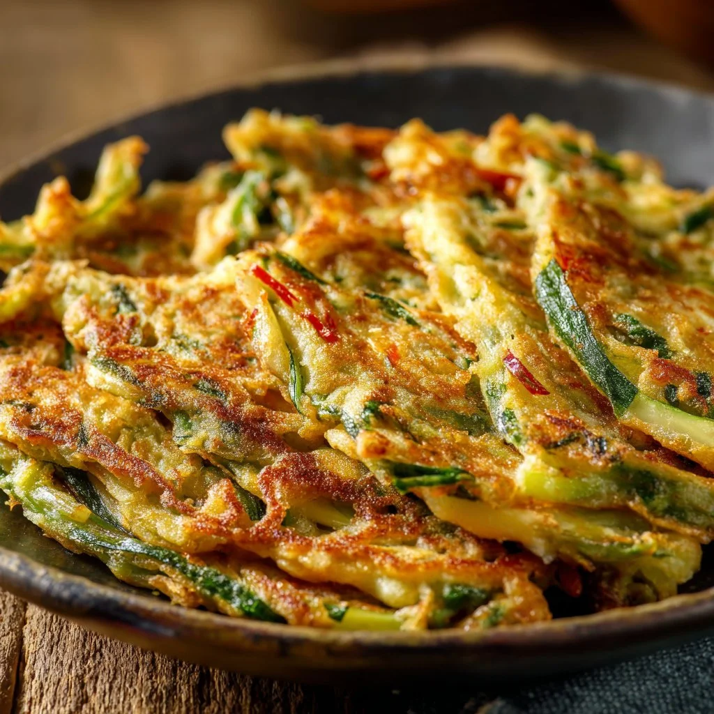 Plate of crispy Korean vegetable pancakes with fresh ingredients.
