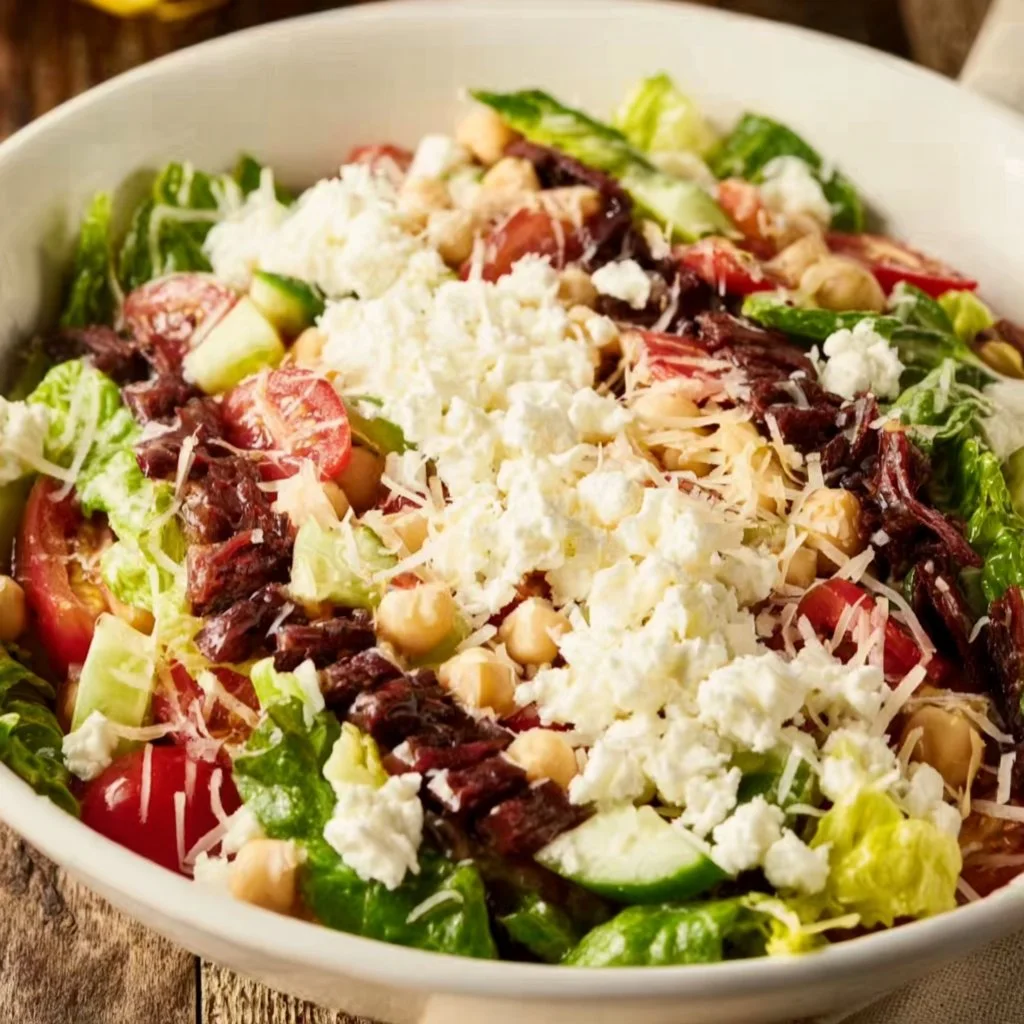 La Scala Chopped Salad with fresh vegetables and dressing on a plate