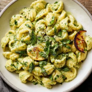 Delicious Lemon Basil Pasta Salad in a colorful bowl with fresh vegetables.