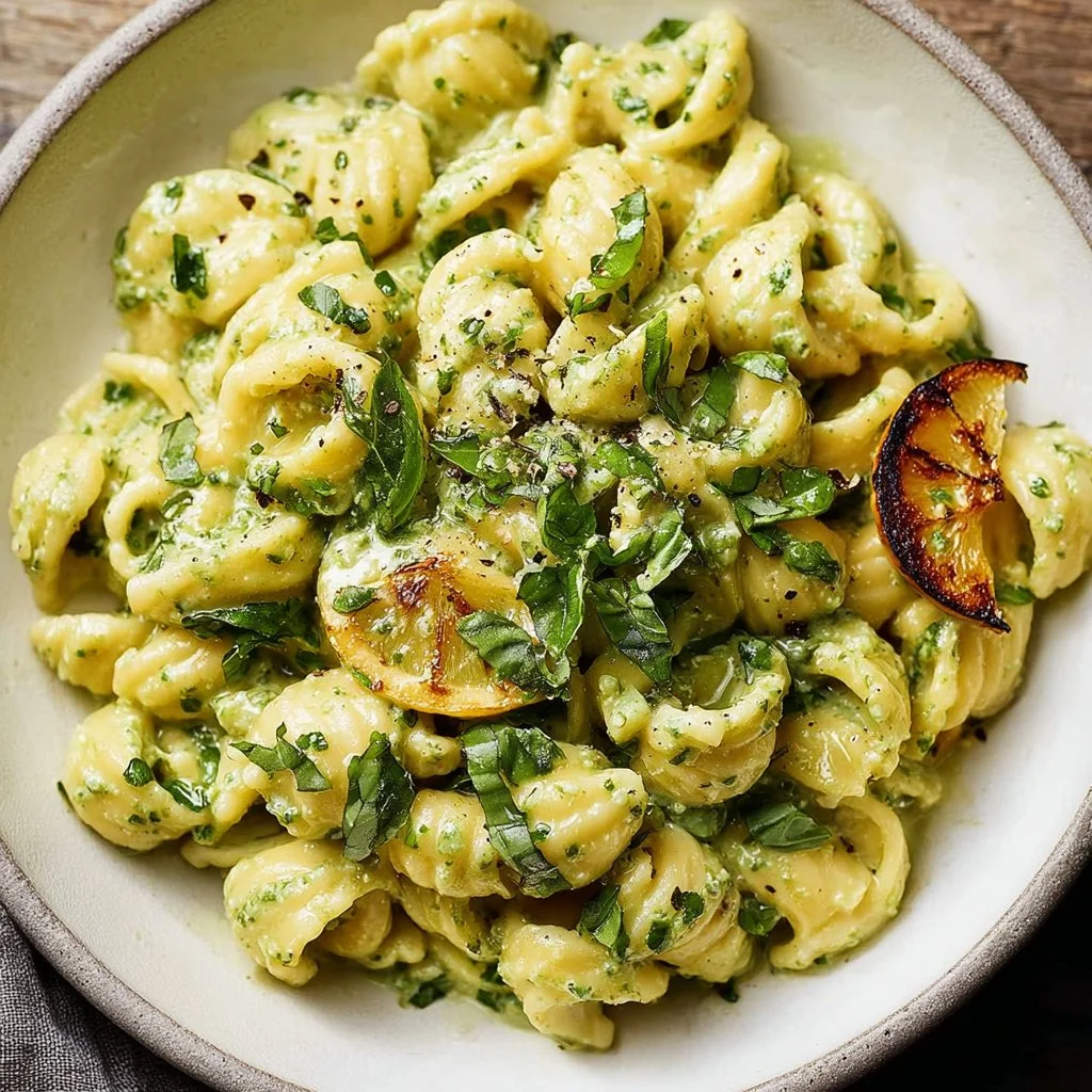 Delicious Lemon Basil Pasta Salad in a colorful bowl with fresh vegetables.