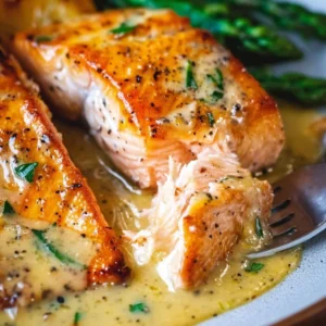 Lemon Garlic Salmon served with fresh herbs and lemon slices