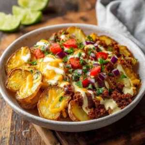 Delicious Loaded Fiesta Potato Bowls topped with fresh ingredients