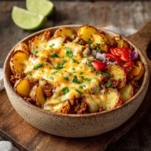 Delicious Loaded Fiesta Potato Bowls filled with toppings and fresh ingredients.