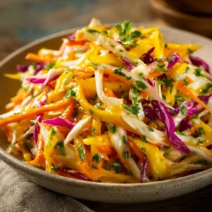 Zesty mango slaw salad with colorful vegetables and dressing